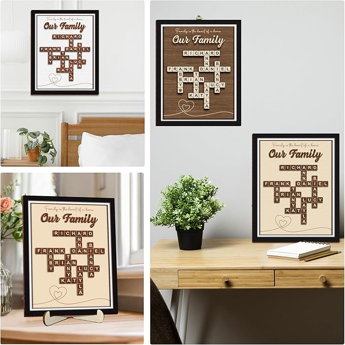 Custom Scrabble Family Name Frame Gifts from Daughter Nana Scrabble Puzzle Sign Wall Art, Grandkid Crossword Tiles Plaque, Letter Sign with Pet Dog & Cat Names, Mothers Day Birthday Gifts for Mom, Kids, Families Wall Decor