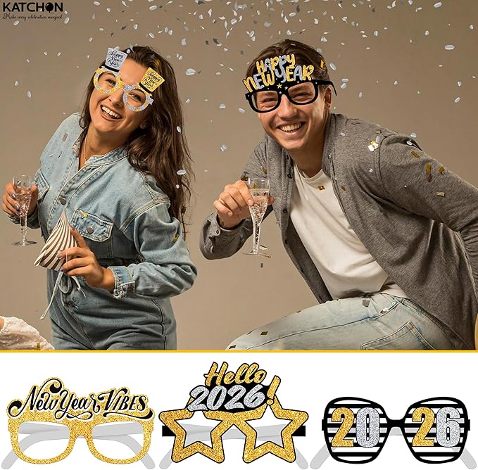 KatchOn, 2026 Glasses New Years - Pack of 12 | NYE Photo Booth Props, New Years Eve Party Supplies 2026 | 2026 New Years Glasses, New Years Decorations 2026 | New Years Photo Booth Props