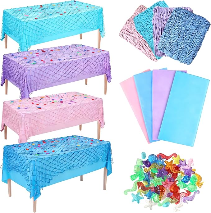 8 Pcs Fish Net Decorative Tablecloth Set, Ocean Waves Plastic Tablecloths with Cotton Fish Net Set for Nautical Themed Birthday Pirate Mermaid Party Decorations