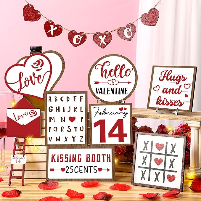 16 Pcs Valentine's Day Tiered Tray Decorations Set Valentine Heart Wood Sign Farmhouse Romantic Sweet Table Decor Love Theme Centerpieces for Kitchen Home Decor Wedding Party Gift