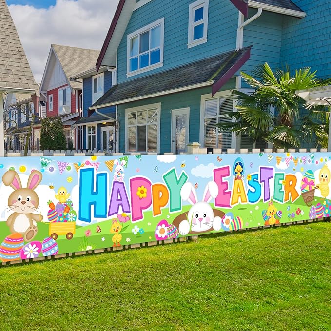 Easter Decorations Happy Easter Banner Traditional Easter Day Porch Banner Easter Yard Sign for Wall Yard Fence Spring Theme Party Indoor Outdoor (Blue)