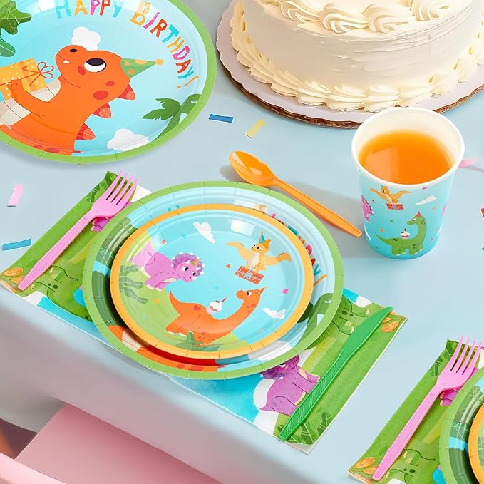 168PCS Dinosaurs Birthday Party Supplies for 24 Guests, Dinosaurs Themed Paper Plates Napkins Cups Cutlery, Dinosaur Disposable Tableware Set for Birthday Baby Shower Party Decorations