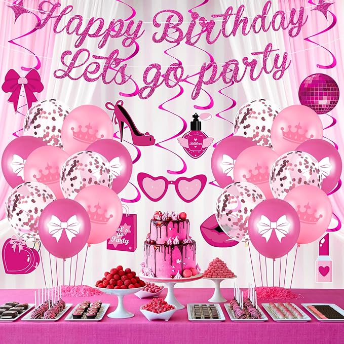Pink Birthday Party Decorations - Happy Birthday Banner, Let's Go Party Banner, Latex Balloons, Hanging Swirls for Girls, Women, Princess, Baby Shower, Bachelorette