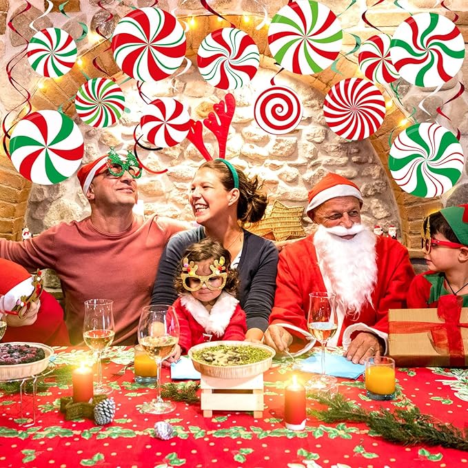 Funrous 54 Pcs Christmas Peppermint Candy Hanging Decorations Christmas Candies Ceiling Hanging Swirls Xmas Party Ceiling Whirl Streamers for Xmas Holiday Party Decor(Red White Green)