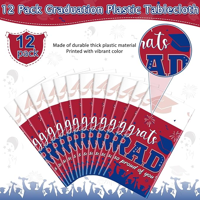 12Pack Graduation Tablecloth Party Decorations, Class of 2026 Congrats Grad Plastic Tablecover Party Supplies, Red and Blue Rectangle Graduation Table Decor for College High School Party, 54 x 108Inch