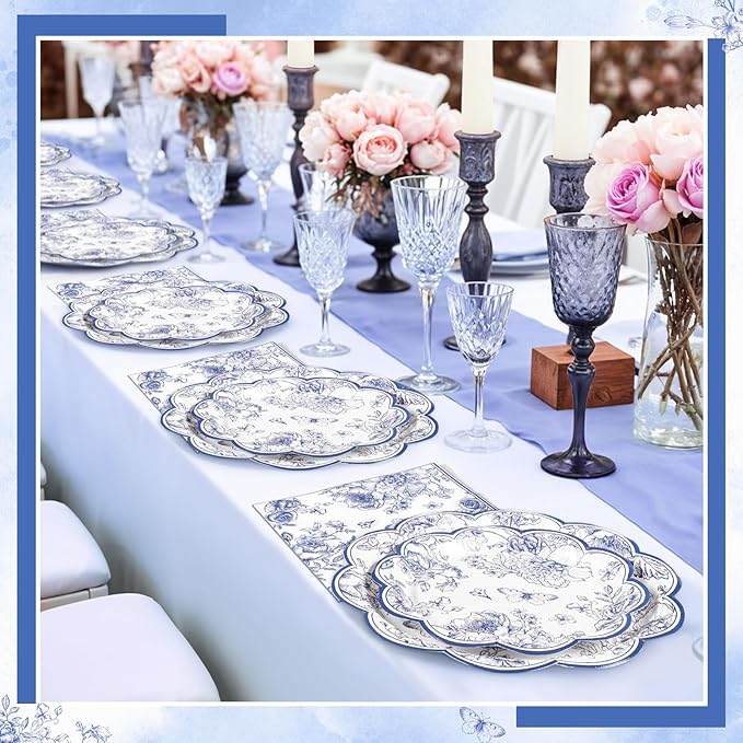 175 Pcs Blue Floral Plates and Napkins, 25 Guest Scalloped Chinoiserie Blue White Florals Party Supplies Includes Toile Plates, Napkins, Cups & Plastic Cutlery for Tea & Garden Party