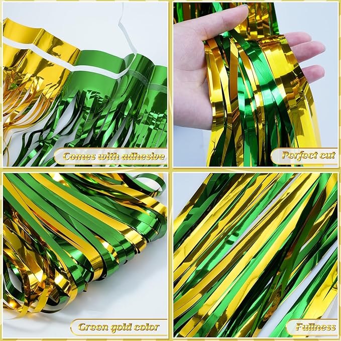 6Pack 3.3Ft x 6.6Ft Graduation Foil Fringe Curtain Backdrop Decorations, Green Gold Metallic Tinsel Foil Streamers Curtain Photo Booth Background for Graduation Prom Wedding Birthday Party Decoration