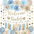 Amandir Dusty Blue Boy Baby Shower Decorations Welcome Baby Banner, Cake Topper, Paper Lantern, Light Blue Balloons, Pom Poms Flowers Tassels, Circle Dots Star Garland, Birthday Party Supplies