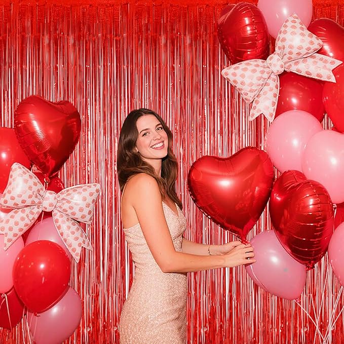 Red Foil Curtains for Birthday Parties, 3.28 x 6.56ft Shiny Metallic Tinsel Backdrop with Fringe | Easy to Hang, Reusable Party Supplies for Home, Stage, Photo Booth
