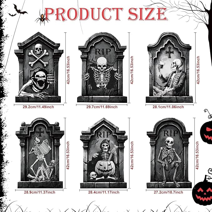 Spooky Halloween Tombstones Yard Signs Decoration, Graveyard Skeletons, 6pcs 11.5“x16.53 Scary Party Decor, Halloween Lawn Stakes Outdoor or Indoor, Waterproof Material