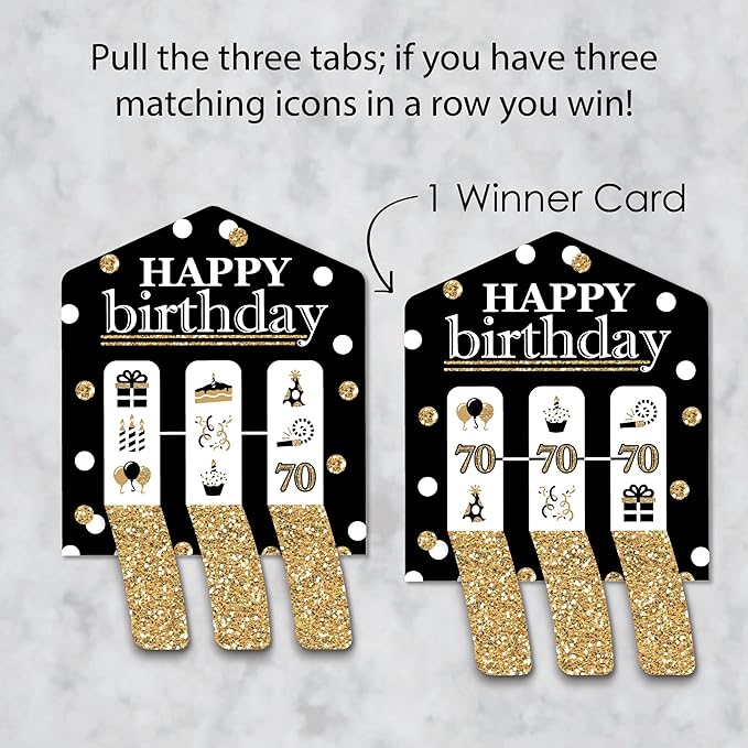Big Dot of Happiness Adult 70th Birthday - Gold - Birthday Party Game Pickle Cards - Pull Tabs 3-in-a-Row - Set of 12