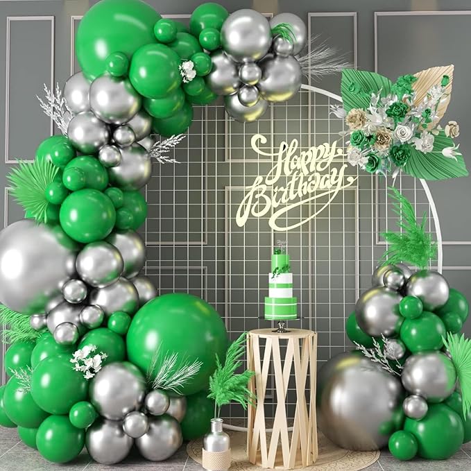 Green and Silver Balloon Garland, 100 Pcs Metallic Silver and Dark Green Balloon Arch Kit, Metallic and Latex Balloons Different Sizes for Graduation Jungle Safari Themed Party Decorations