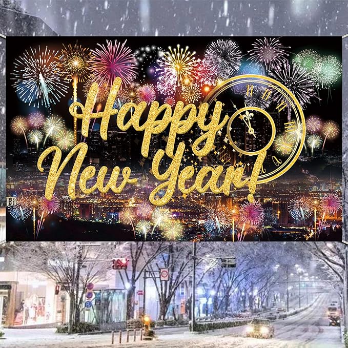 Famoby Happy New Year Fabric Sign Poster Backdrop with Fireworks for New Year Photo Booth Background Party Decoration