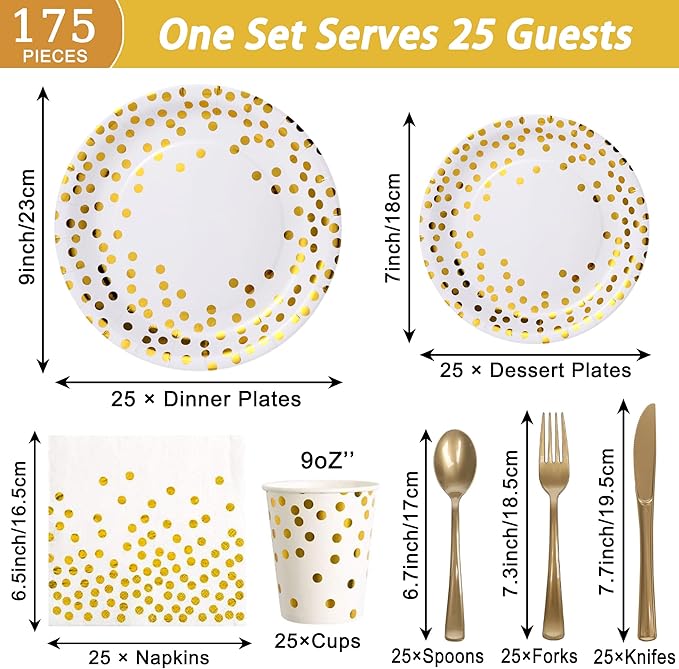 175 Pcs White Gold Party Plates Cups and Napkins Sets White Gold Foil Dot Disposable Dinner Tableware Set With 7" 9" Plates Napkins Cups Knife Fork Spoon Birthday Party Supplies Serve 25 Guests