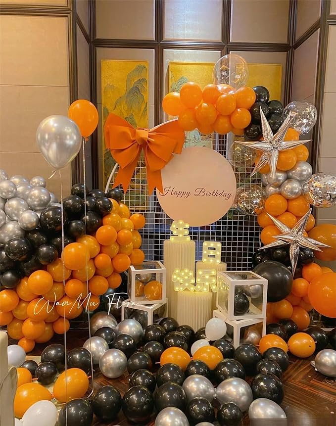 Orange Black White and Metallic Silver Balloons Garland Arch Kit, 146 Pcs Latex Balloons with Confetti for Birthday Party Graduation Father's Day Anniversary Bachelorette Party Decoration