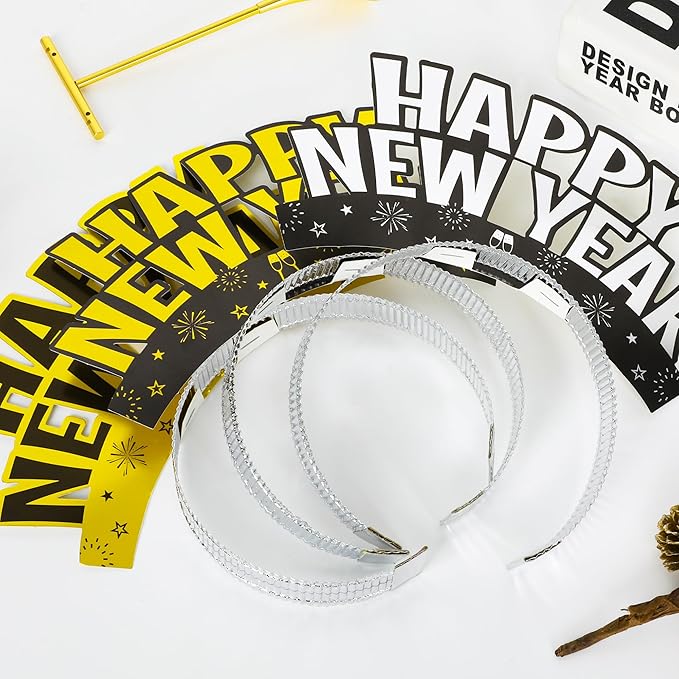Melisheer 12 PCS New Years Eve Party Supplies, Happy New Years Headband Party Favors Gold Silver Black Headband Accessories