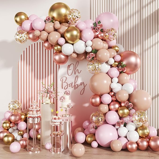 Rose Gold Balloon Arch Kit, 147Pcs Metallic Gold White Pastel Nude Pink and Rose Gold Balloons Garland with Confetti for Wedding Bridal Baby Shower Princess Girl Birthday Party Decorations