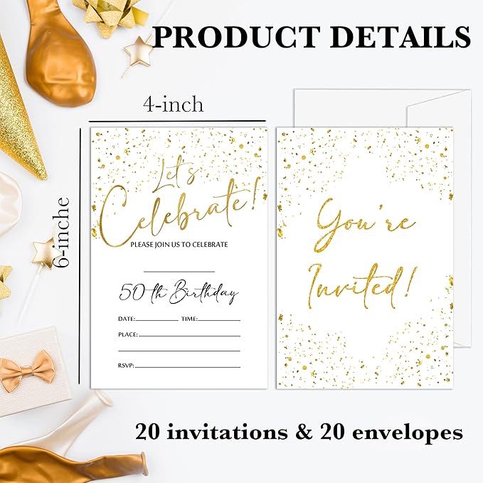 50th Birthday Invitations Cards, 4"x 6" White and Gold Confetti Birthday Party Invites with Envelopes for Party Decorations Supplies(20 Pieces) -D13