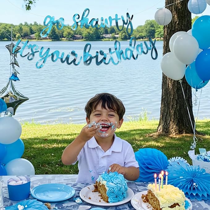 BEISHIDA Go Shawty It's Your Birthday Banner NO DIY Hip Hop Theme Happy Birthday Banner Pre-Strung Rap Theme Happy Birthday Sign for Man Women birthday Party Supply Double-Sided Bright Lake Blue