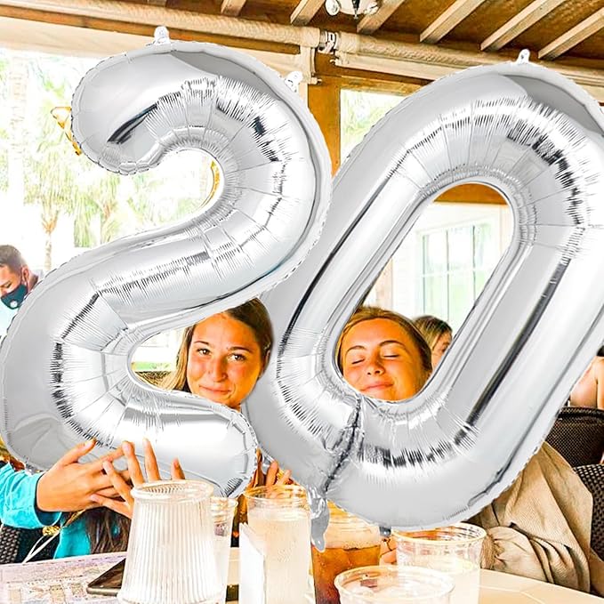 Number Balloons Silver Party Balloon - Giant Number 20 Balloon, 40 Inch Large Balloon for 20th Birthday Decorations, Silver Party Supplies for Anniversary