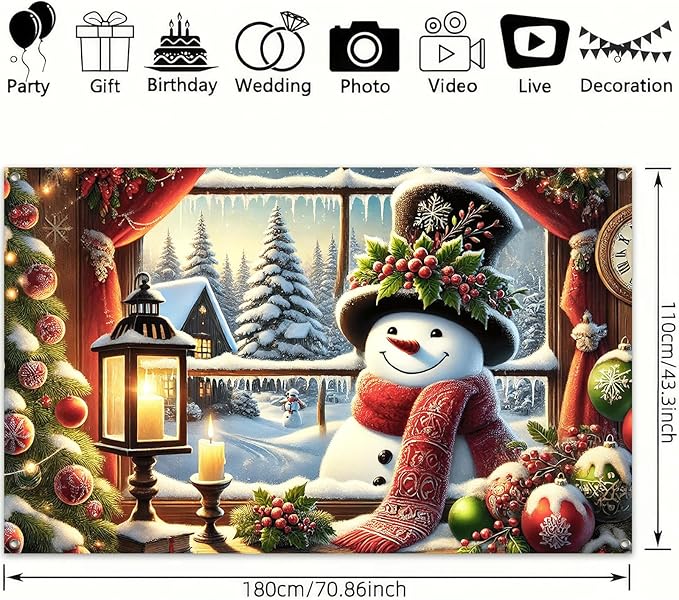 Christmas Snowman Banner Backdrop Poster Winter Scene with Snowman Holiday Photo Booth Wall Hanging Decoration 71×43 Inch