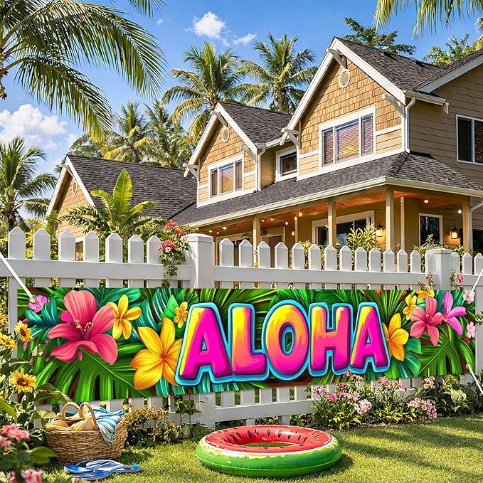 Aloha Backdrop Banner Hello Summer Hawaiian Tropical Theme Supplies Outdoor Banner 118 x 20 inch Party Backdrop Decorations Photo Booth Props Summer Supplies Large Yard Sign