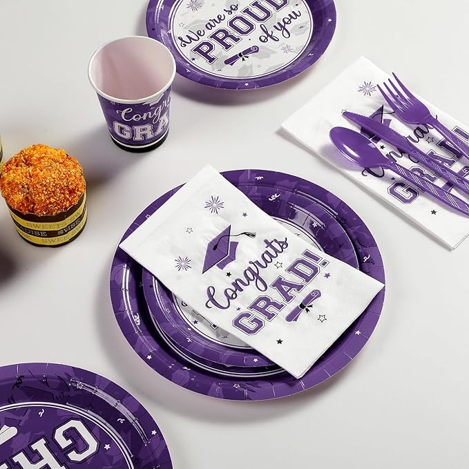 Graduation Party Supplies Congrats Grad Plates and Napkins Set Disposable Tableware Paper Plates Napkins Cups Knives Spoons Forks Straw for Class of 2025 Graduation Party Decorations Serve100 (Purple)