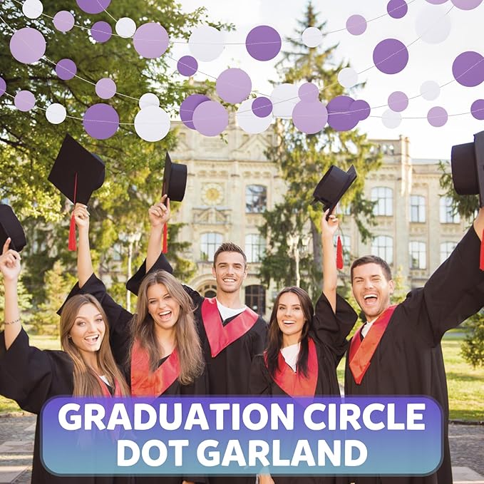 52FT Party Garlands, Paper Garland Circle Dots, Hanging Circle Banner Decorations for Birthday, Party, Wedding, Baby Shower, Graduations, Christmas, Wall Decor (Purple White Garlands)