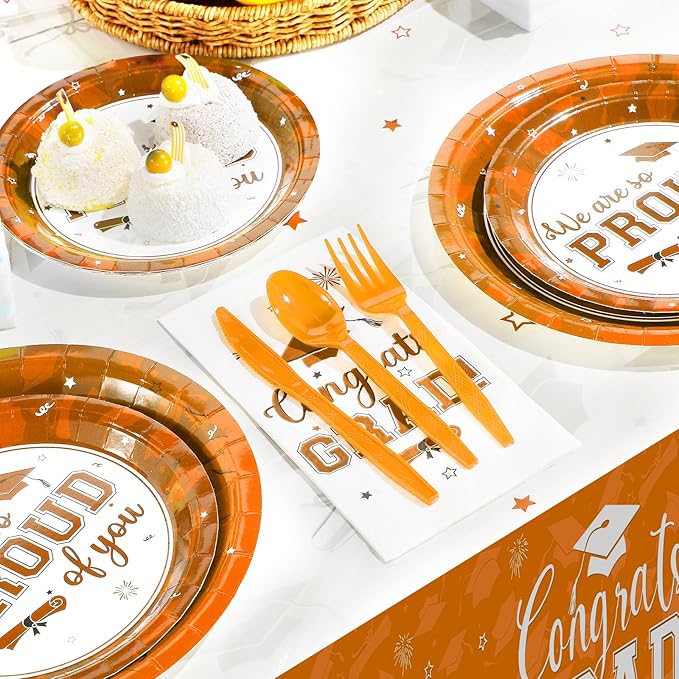 Graduation Party Supplies Congrats Grad Plates and Napkins Set Disposable Tableware Paper Plates Napkins Cups Knives Spoons Forks Straw for Class of 2025 Graduation Party Decorations Serve100 (Orange)