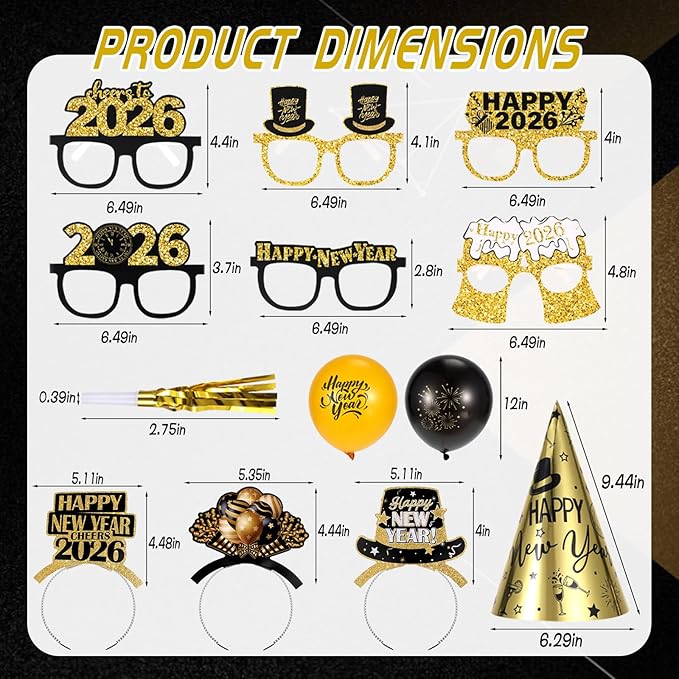 48 Pieces New Years Eve Party Supplies 2026, Happy New Year Decorations Kit Includes Party Headband Tiaras Noise Makers Cone Hats Latex balloons for NYE Decorations