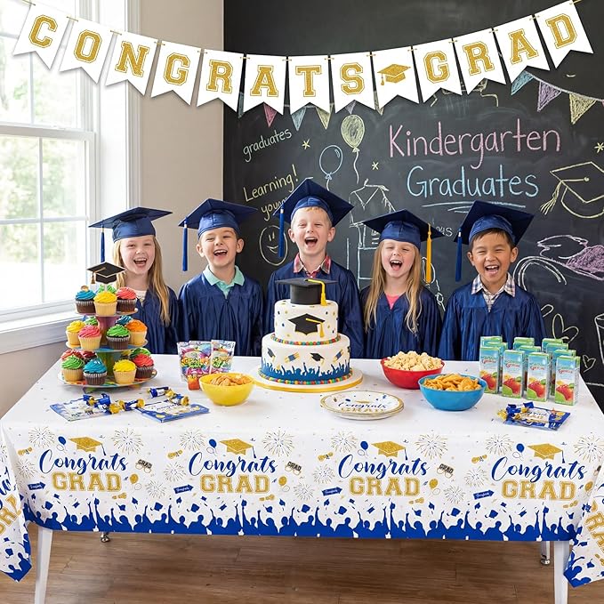 3 Pack Plastic Graduation Tablecloth, Graduation Decorations 2026 Disposable Rectangle Blue White Table Cover, 2026 Gongrats Grad Table Cloths for Graduation Party Decorations, 54x108Inch