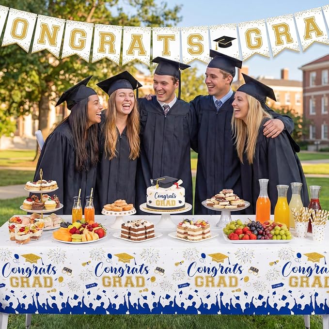 3 Pack Plastic Graduation Tablecloth, Graduation Decorations 2026 Disposable Rectangle Blue White Table Cover, 2026 Gongrats Grad Table Cloths for Graduation Party Decorations, 54x108Inch