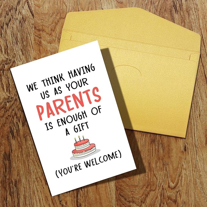 Qiliji Birthday Card for Son Daughter, Funny Birthday Card from Parents, Cheeky Bday Greeting Card for Kids, Having Us As Your Parents Is Enough Of A Gift