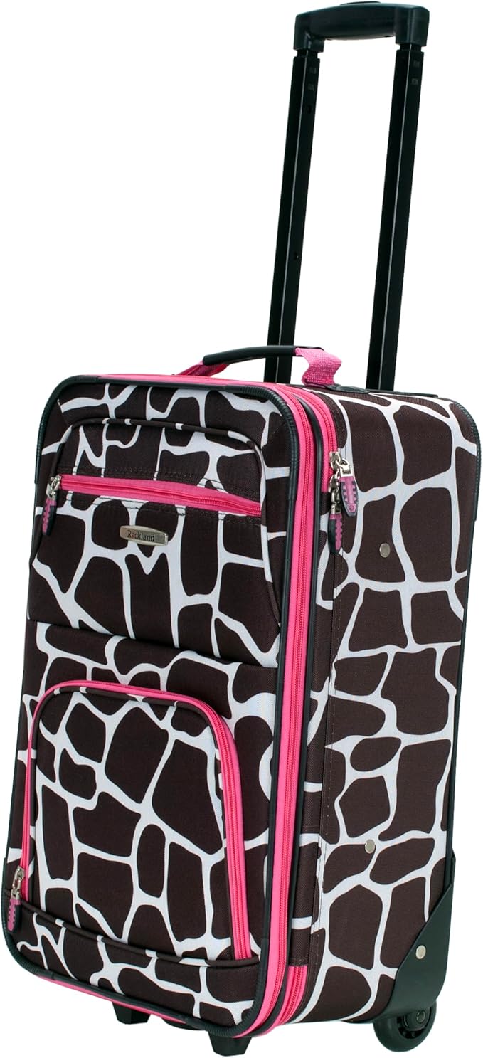 Rockland Fashion Softside 2 Piece Luggage Set, Expandable, (14" Tote/19" Upright), Pink Giraffe