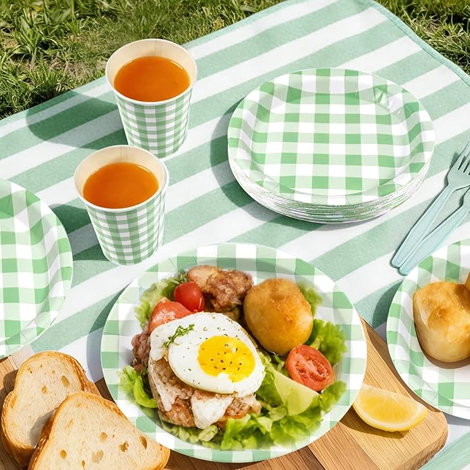 Green Gingham Disposable Party Tableware Set for 30 Guests – 9 & 7 Inch Paper Plates, Cups, Napkins and Forks, Green Checkered Paper Dinnerware for Birthday, Picnic, Baby Shower, Outdoor Gatherings