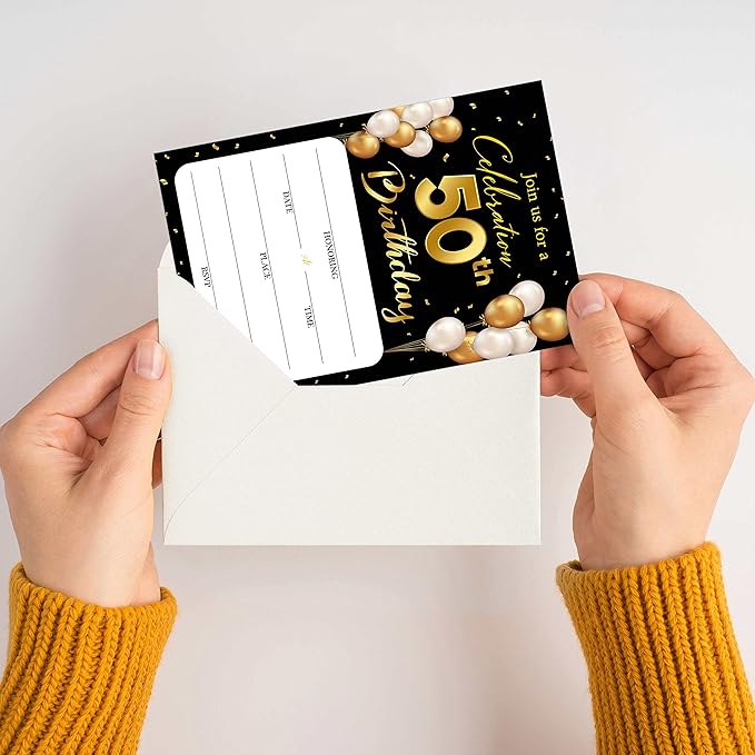 50th Birthday Invitation Cards with Envelopes - Classic Gold Theme Fill in The Blank Birthday Party Invite Cards, for Man, Woman Entertain Banquet Party Supplies, 20 Invites With Envelopes - B14