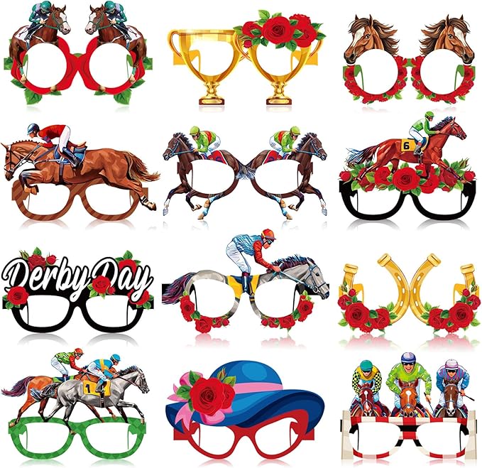 Pajean 36 Pcs Derby Day Glasses Decoration Party Horse Racing Theme Paper Eyeglasses Horse Race Photo Booth Props for Derby Birthday Party Supplies Decorations