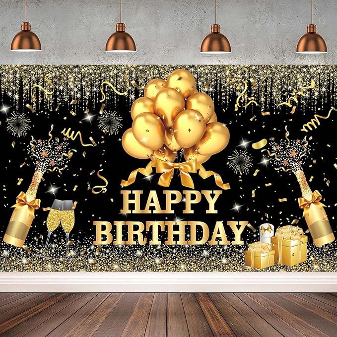 YinQin 180x120 cm Glitter Golden Black Happy Birthday Party Photography Backgrounds Backdrops Cloth 71x47 inch Shiny Black Gold Happy Birthday Sign Banner Bday Party Supplies Decoration for Women Men