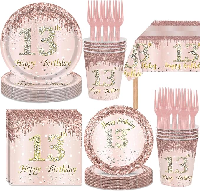 121Pcs 13th Birthday Party Supplies Plates Napkins Cups Forks Tablecloth Rose Gold Happy 13th Birthday Themed Disposable Tableware Decorations Serves 24 Guests for Girls Her 13 Years