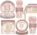 121Pcs 13th Birthday Party Supplies Plates Napkins Cups Forks Tablecloth Rose Gold Happy 13th Birthday Themed Disposable Tableware Decorations Serves 24 Guests for Girls Her 13 Years