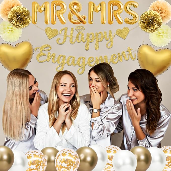 Gold Engagement Party Decorations Just Engaged Decorations Happy Engagement Banner Married Decorations Congratulations Wedding Bachelorette Party Decorations