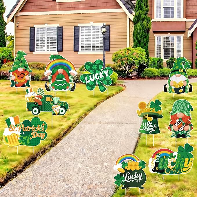 10Pcs St. Patrick's Day Yard Sign Decorations Gnome Lawn Outdoor Decor with Stakes Saint Patricks Day lrish Home Garden Decorations