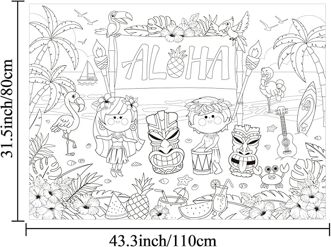 ZOIIWA Hawaiian Luau Coloring Poster for Giant Coloring Poster Large Aloha Tropical Coloring Tablecloth Jumbo Coloring Books for Home Birthday Party Supplies Favor 31.4 x 43.3 Inch