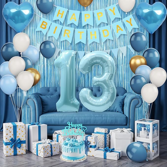 13th Birthday Decorations Blue White Gold,13th Birthday Balloons with Happy Birthday Banner Fringe Curtain Heart Foil Balloons for Boys Girls 13 Year Old Birthday Decor
