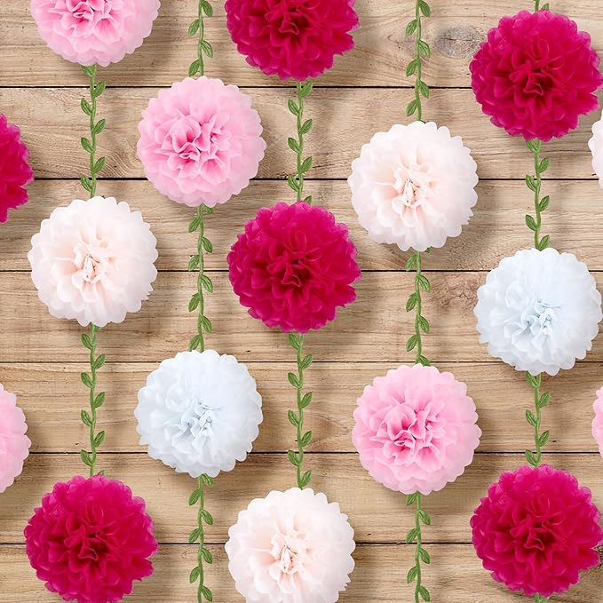 XIANNVXI Pink Tissue Paper Pom Pom Garlands Artificial Flowers Hanging Decorations 8.2ft Hanging Flowers Garland for Wedding Birthday Bridal Shower Party Spring Decorations 2PCS（Pink Gradient）