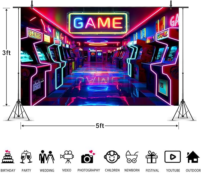 Imirell Arcade Game Neon Backdrop 5Wx3H Feet Colorful Retro Gaming Gamer Themed Modern Video Game Room Playroom Cool Polyester Fabric Boys Photography Backgrounds Photo Shoot Decor Props Decoration