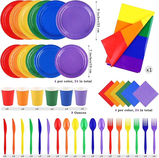 ADXCO Rainbow Party Decorations Include Rainbow Paper Plates, Cups, Napkins, Cutlery & Waterproof Tablecloth for 24 Guests
