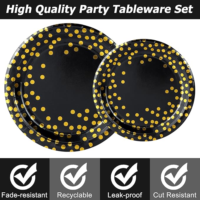 176 PCS Black Gold Party Dinnerware Set Black Golden Dot Disposable Dinnerware Plate Napkins Cups Gold Plastic Forks Knives Spoons Tablecloth Party Supplies Birthday Graduation New Years