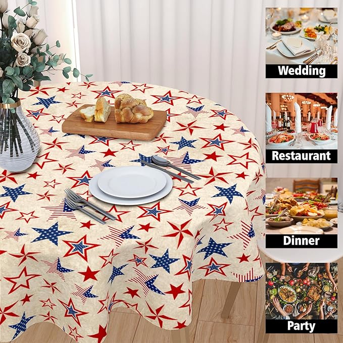 Vintage Fourth of July Tablecloth Round 70 Inch 4th of July Patriotic Outdoor Table Cloth Rustic USA Memorial Day Table Cover for Kitchen Dinner Room Holiday Party Home Independence Day Decor