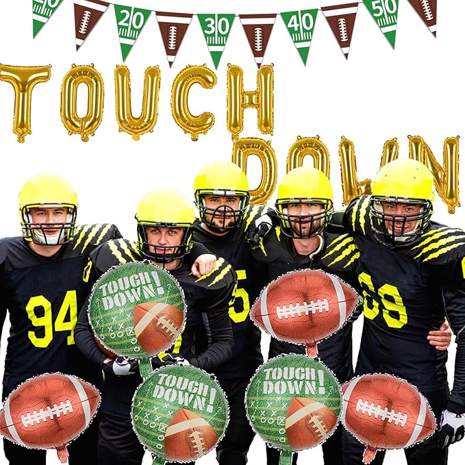 Football Balloons Gold Touchdown Letter Balloons Round Touchdown Balloons and Banner for Football Birthday Party Decoration Game Day Tailgate Party Decorations Theme Supplies Balloon Sets-16 PCS